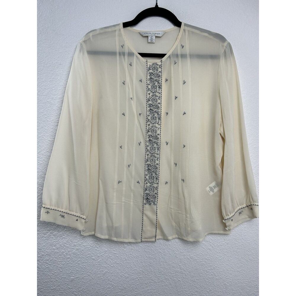 Casual Corner 100% Silk Ivory Blouse Button Up Size 14 Long Sleeves Embroidered